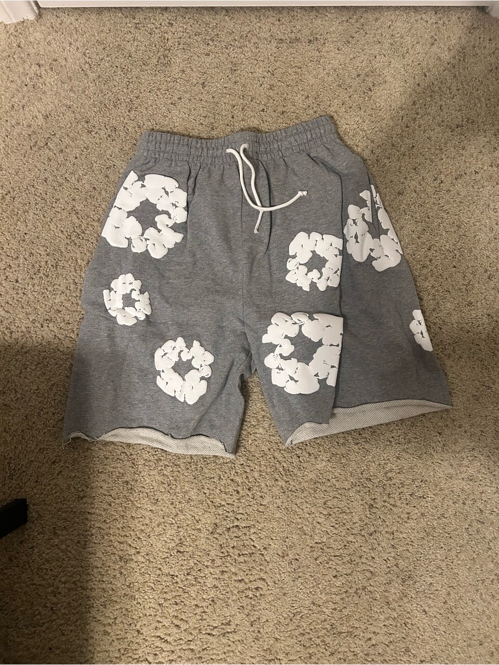 Gray Men's Athletic Drawstring Shorts with White Floral Accents